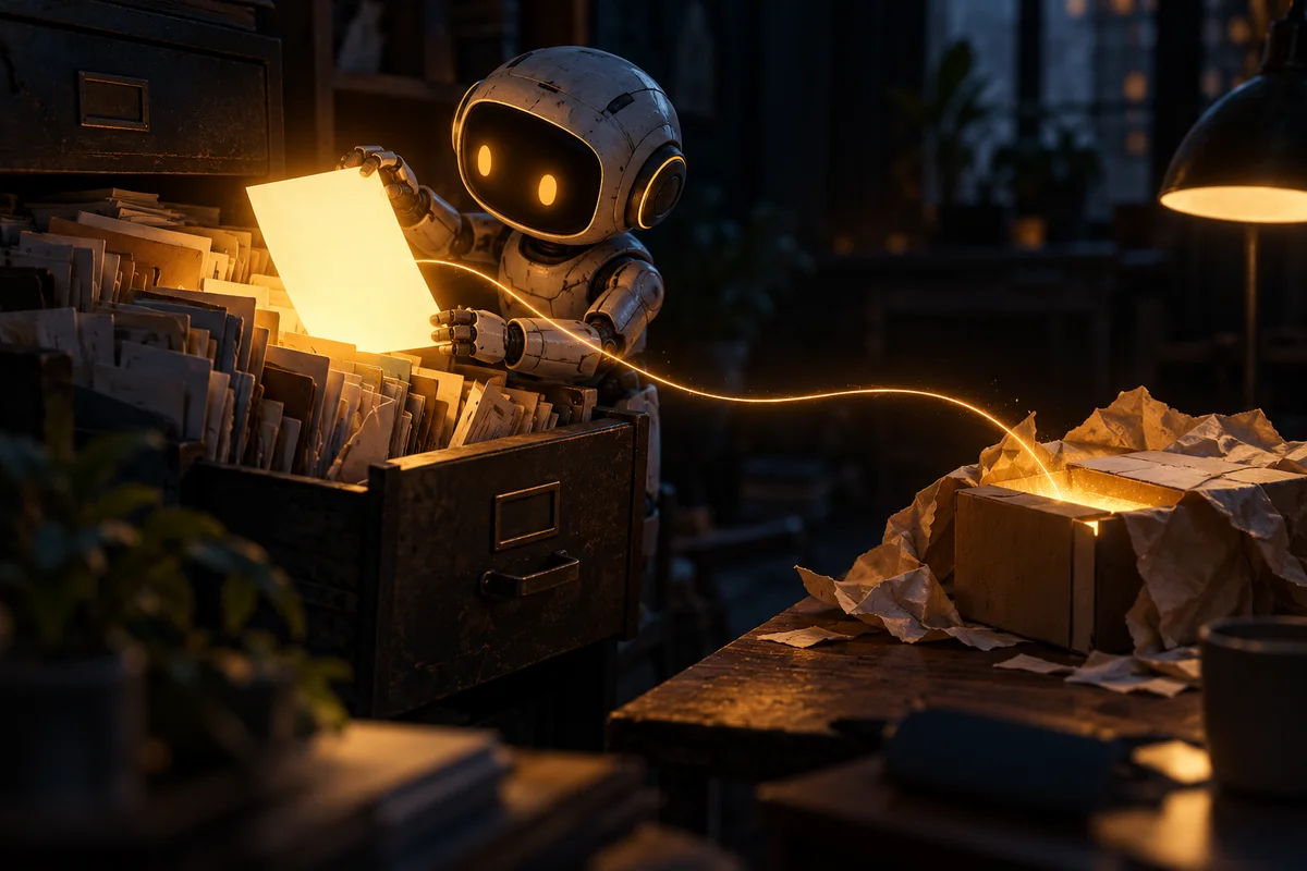 Un petit robot assistant lit une feuille lumineuse ambrée posée en haut d'un tiroir débordant de documents. Un fil doré relie cette feuille à un colis en train d'être déballé sur un bureau, dans une ambiance sombre.