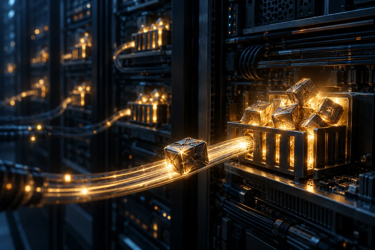 Dans une salle de serveurs sombre, un cube métallique compact glisse le long d'un câble lumineux vers un petit réceptacle à huit cases qui déborde. Une lumière ambrée se répand sur les circuits voisins, et d'autres baies de serveurs apparaissent en arrière-plan.