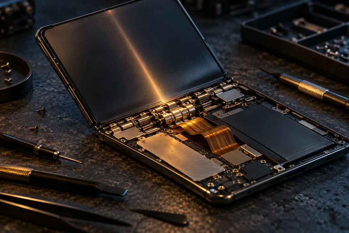 Un smartphone pliant entrouvert sur un établi sombre laisse voir sa charnière métallique, une nappe pliée en accordéon et le bord de sa batterie, éclairés d'une lumière ambrée, avec des outils de réparation posés à côté.