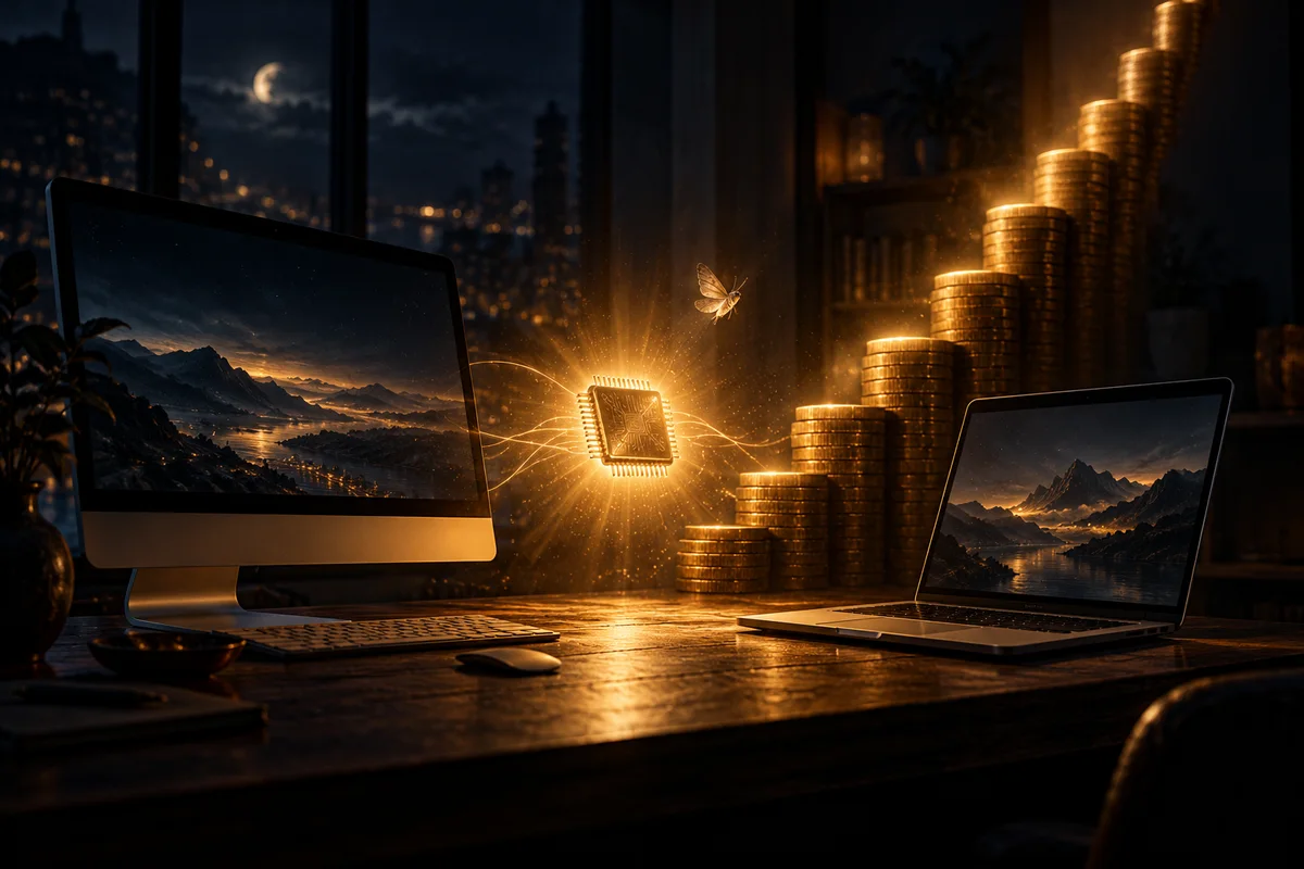 Illustration : un ordinateur tout-en-un et un portable ouvert sur un bureau sombre, avec entre eux une puce électronique lumineuse couleur ambre, à côté d'une pile de pièces montant comme un escalier.