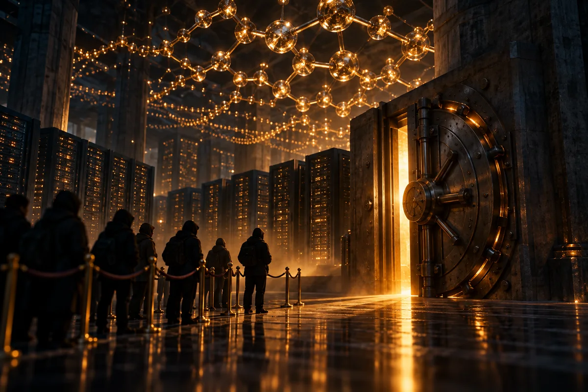 Une salle de serveurs plongée dans l'obscurité, où flotte un réseau lumineux d'atomes de carbone. Au premier plan, une porte de coffre-fort entrouverte laisse passer une lumière ambrée vers des silhouettes qui attendent derrière un cordon.