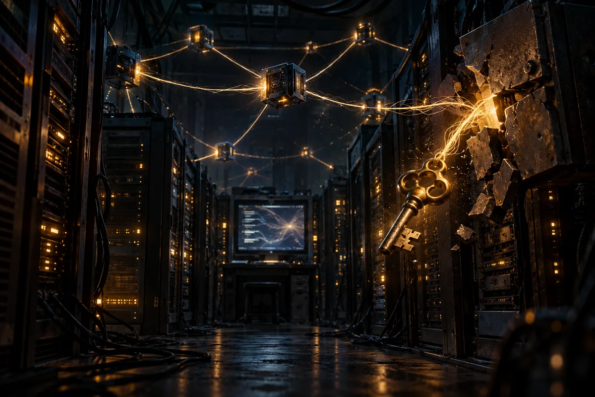 Salle de serveurs plongée dans l'obscurité, où des fils lumineux relient de petits appareils en réseau maillé. Une lourde clé en laiton glisse hors d'un boîtier métallique fissuré, d'où filtre une lumière ambrée.