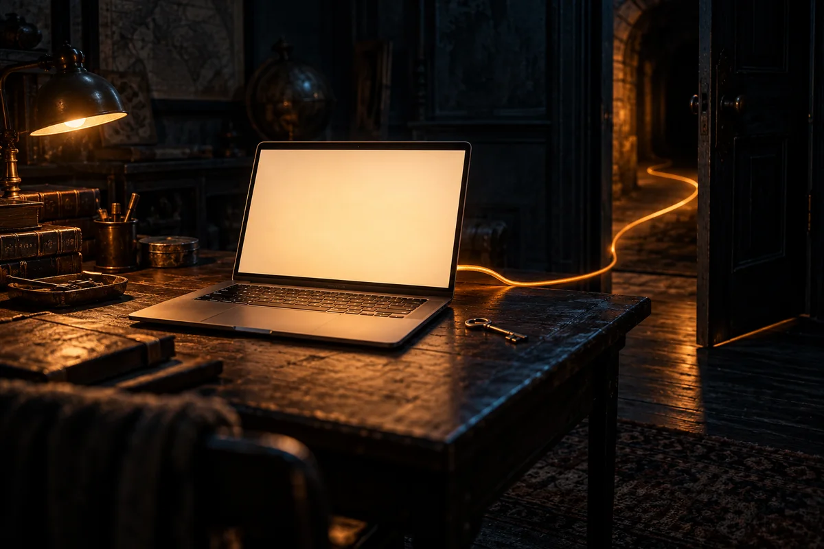 Un ordinateur portable ouvert sur un bureau plongé dans la pénombre. Un câble ambré en sort par l'arrière et file vers une porte entrouverte, et une petite clé en laiton est posée près du clavier.