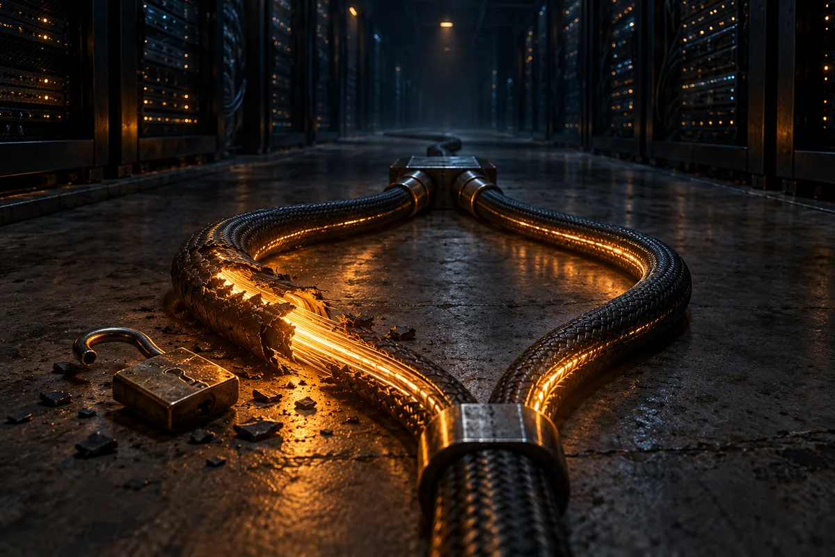Two network cables racing toward a Linux server whose kernel is cracked open, with the word root glowing on the screen