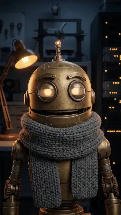 Iggy, petit automate en laiton aux grands yeux de verre ambrés et à l'écharpe tricotée grise, dans l'atelier
