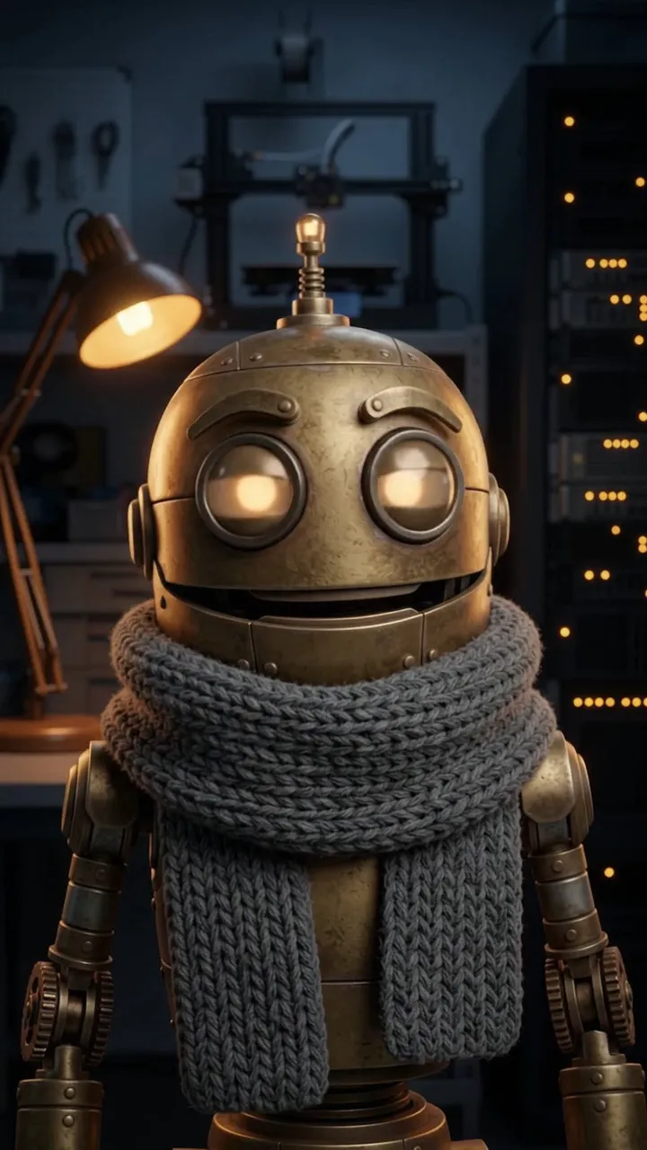 Iggy, petit automate en laiton aux grands yeux de verre ambrés et à l'écharpe tricotée grise, dans l'atelier