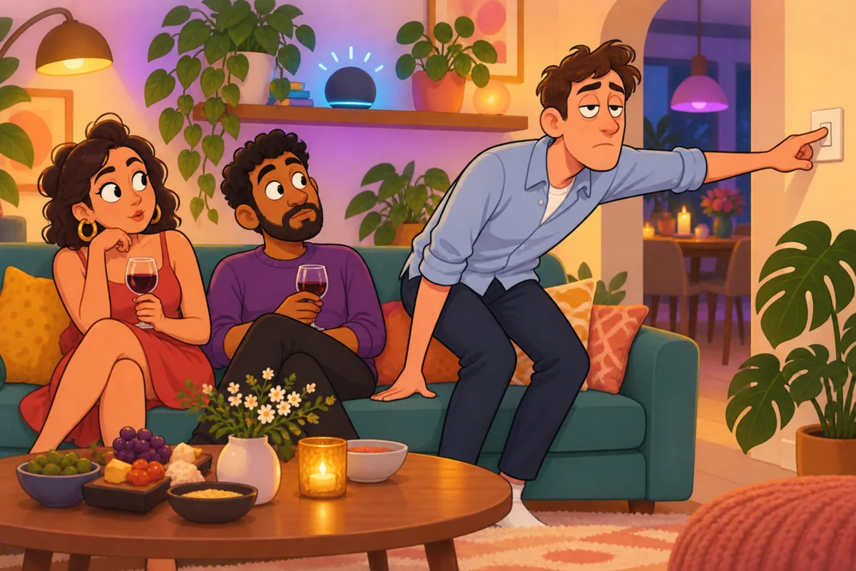 Illustration cartoon : un homme se lève du canapé et tend le bras vers un interrupteur mural, l'air résigné, pendant qu'une enceinte connectée clignote sur une étagère et que deux invités le regardent, verre à la main.