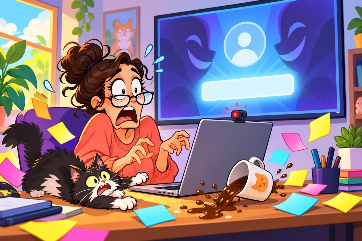Illustration cartoon : une personne pétrifiée devant son ordinateur portable en visioconférence, les mains suspendues au-dessus du clavier, pendant qu'un grand écran mural derrière elle affiche un formulaire de connexion avec un champ lumineux, la tasse de café en train de se renverser.