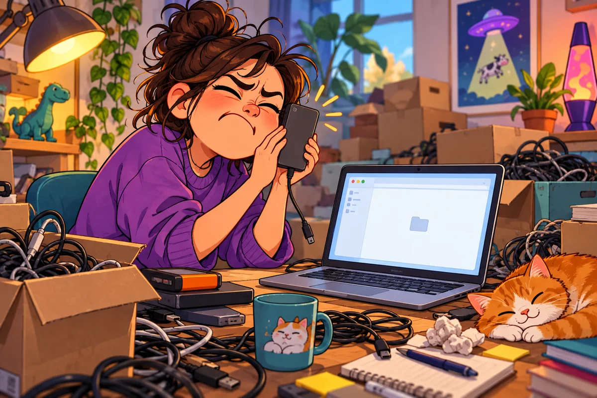 Dessin humoristique : une personne à son bureau colle un disque dur externe contre son oreille, les yeux fermés, pour l'écouter, pendant que le câble pend vers un ordinateur portable affichant une fenêtre vide.