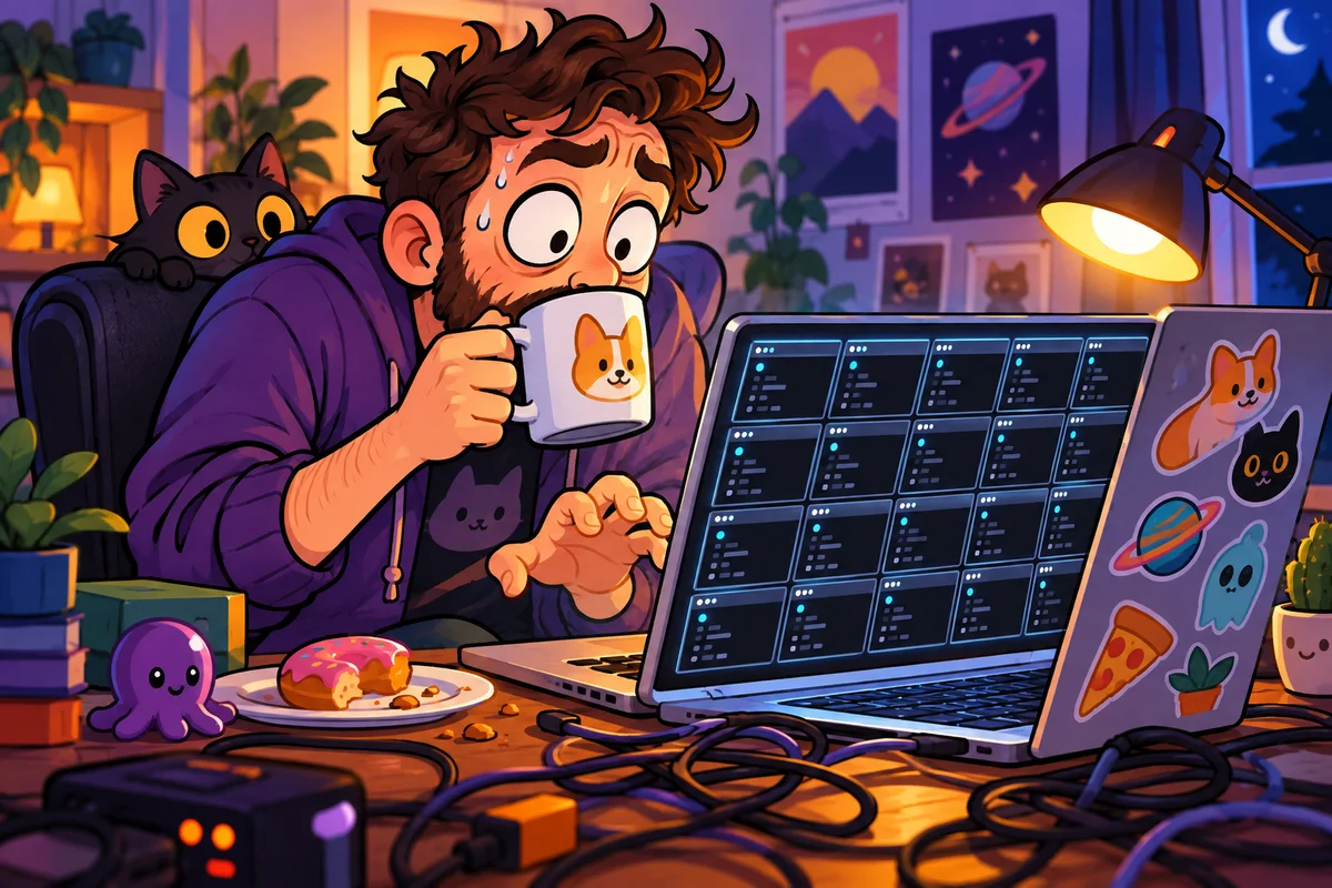 Illustration cartoon : un administrateur système figé, tasse de café à mi-chemin des lèvres, se penche vers un écran d'ordinateur portable couvert d'onglets de terminal identiques, une main suspendue au-dessus du clavier.
