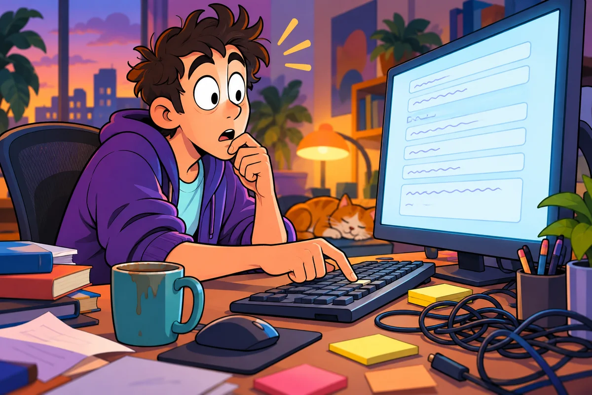 Illustration cartoon : un développeur figé devant son écran, le doigt suspendu au-dessus de la touche Entrée, les yeux écarquillés, devant un long formulaire à moitié rempli, au milieu d'un bureau encombré de mugs et de câbles.