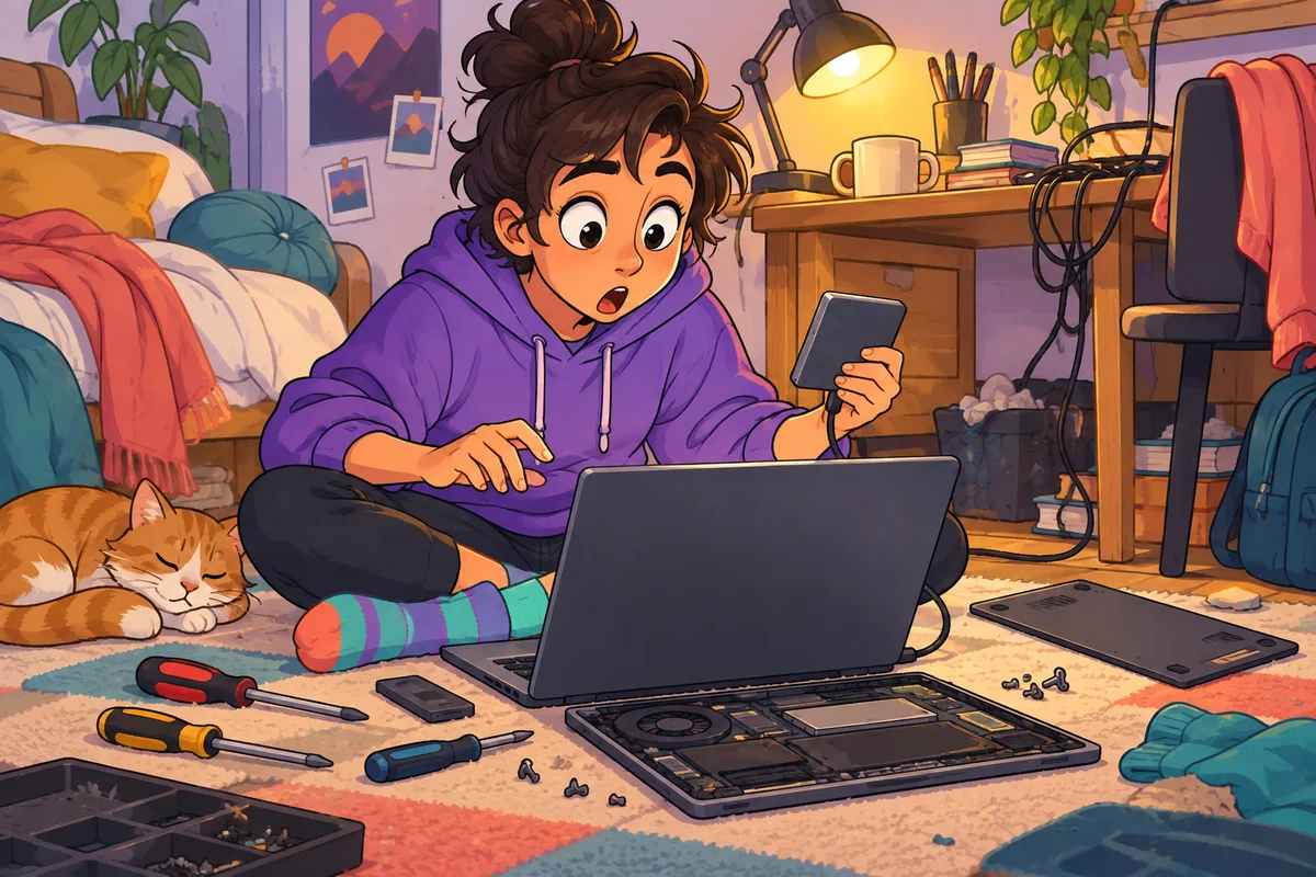 Illustration cartoon : une personne assise par terre parmi des tournevis, un petit disque dur branché à la main, fixe l'écran d'un portable ouvert avec un air stupéfait.