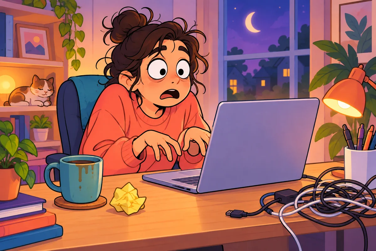 Illustration cartoon : une personne affalée sur sa chaise de bureau, les mains suspendues au-dessus du clavier, fixant son ordinateur portable d'un air incrédule, à côté d'un post-it froissé et d'une tasse de café.