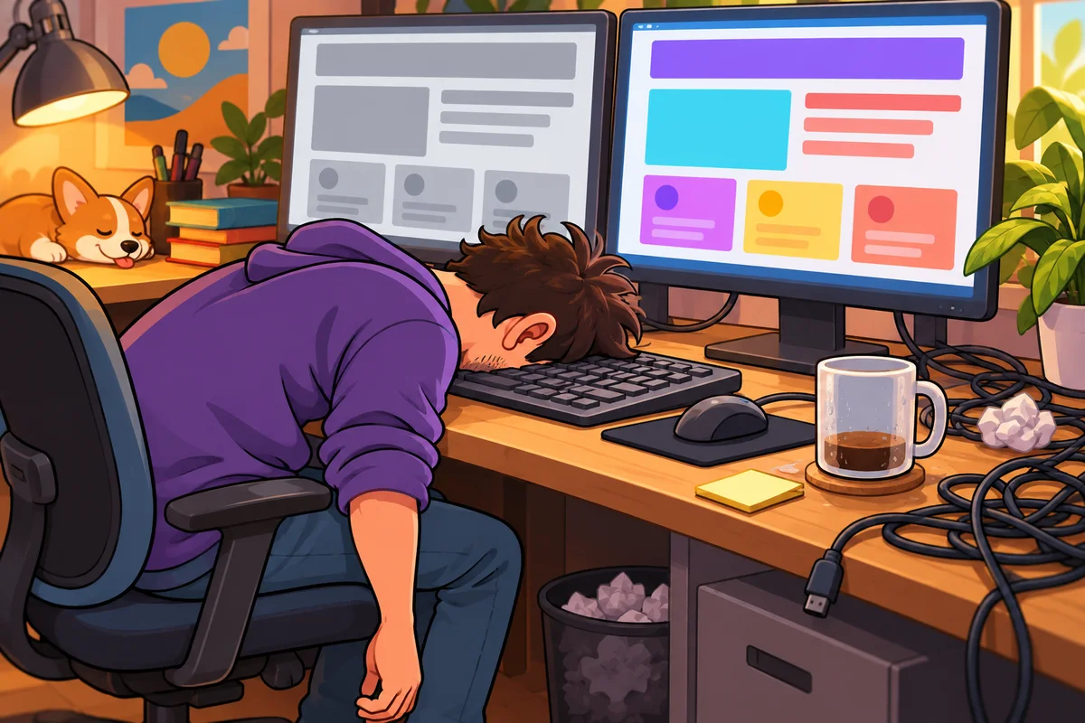 Un développeur cartoon, le front posé sur son clavier, devant deux écrans affichant la même page web : l'une terne, l'autre colorée.