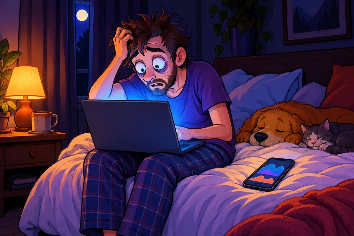 Dessin humoristique : une personne assise au bord de son lit en pleine nuit, l'air hébété devant un portable posé sur ses genoux, téléphone à côté sur la couette, courbes de supervision toutes plates à l'écran.