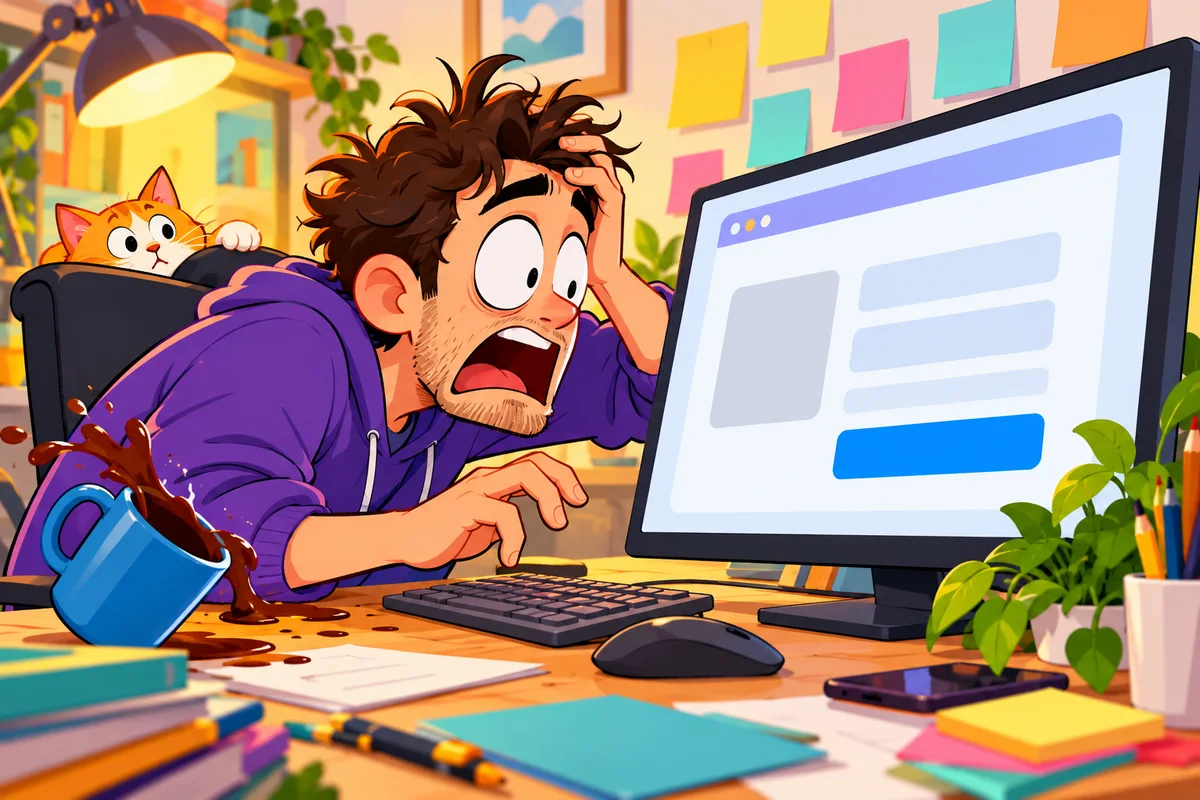 Dessin d'un développeur penché vers son écran, les yeux écarquillés, la main suspendue au-dessus du clavier, devant une page web affichant un gros bouton bleu ; une tasse de café se renverse sur le bureau encombré.