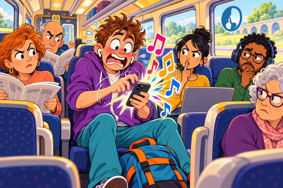 Dessin d'un jeune passager rouge de honte qui tapote frénétiquement son téléphone d'où jaillissent des notes de musique, pendant que les voyageurs du wagon silencieux le dévisagent.