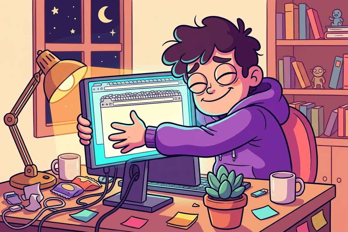 Un développeur fatigué, assis à son bureau la nuit, serre son écran dans ses bras avec un grand sourire soulagé. Le navigateur affiché compte des centaines de minuscules onglets.