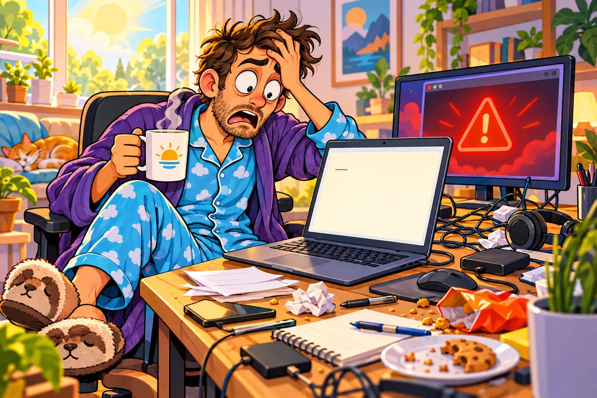 Dessin d'un administrateur système en pyjama, assis à son bureau un dimanche matin, une tasse de café figée en l'air et la main sur le front, devant un ordinateur portable qui affiche une note presque vide, tandis qu'un second écran montre une alerte rouge.