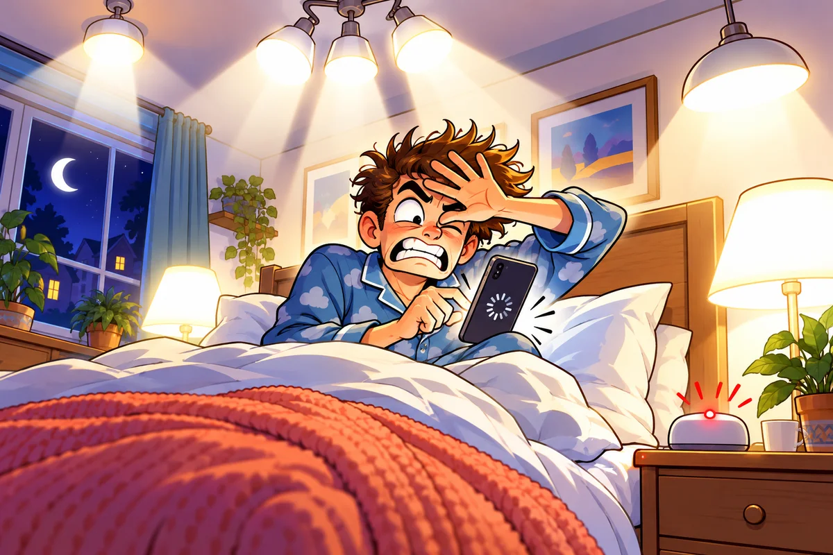 Dessin : en pleine nuit, une chambre est inondée de lumière blanche. Une personne en pyjama, assise dans son lit, se protège les yeux d'une main et tapote de l'autre un téléphone qui affiche une roue de chargement ; sur la table de chevet, un boîtier domotique clignote en rouge.