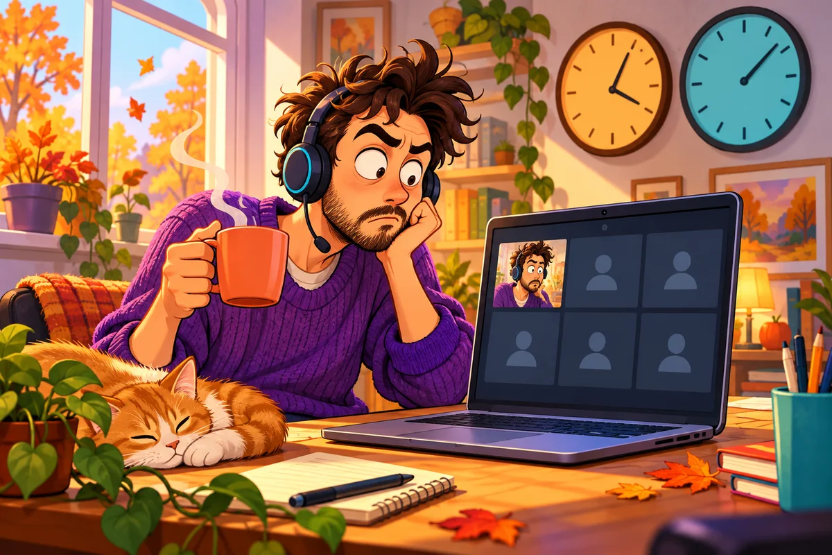 Un personnage de dessin animé, casque sur la tête, seul devant un ordinateur portable affichant une visioconférence vide où n'apparaît que sa propre vignette. Il fige sa tasse de café en l'air en comprenant son erreur ; derrière lui, deux horloges murales indiquent des heures différentes.