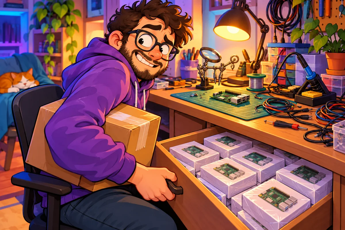 Dessin d'un geek en sweat à capuche, l'air coupable, qui ouvre un tiroir rempli de petites boîtes de nano-ordinateurs encore sous plastique, un colis neuf sous le bras.