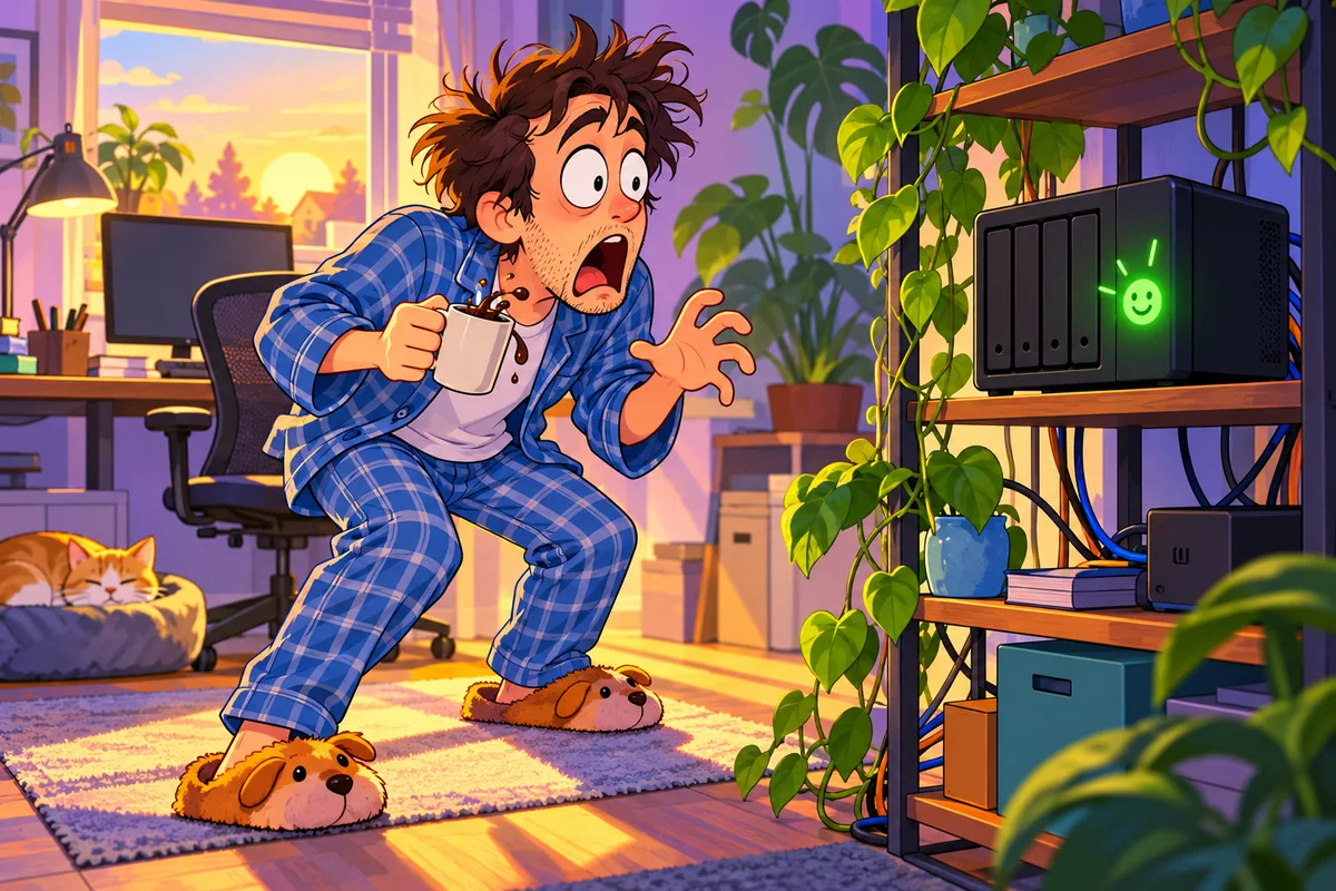 Dessin : un geek en pyjama, tasse de café à la main, fixe avec effroi un petit NAS posé sur une étagère dont le voyant vert brille joyeusement.