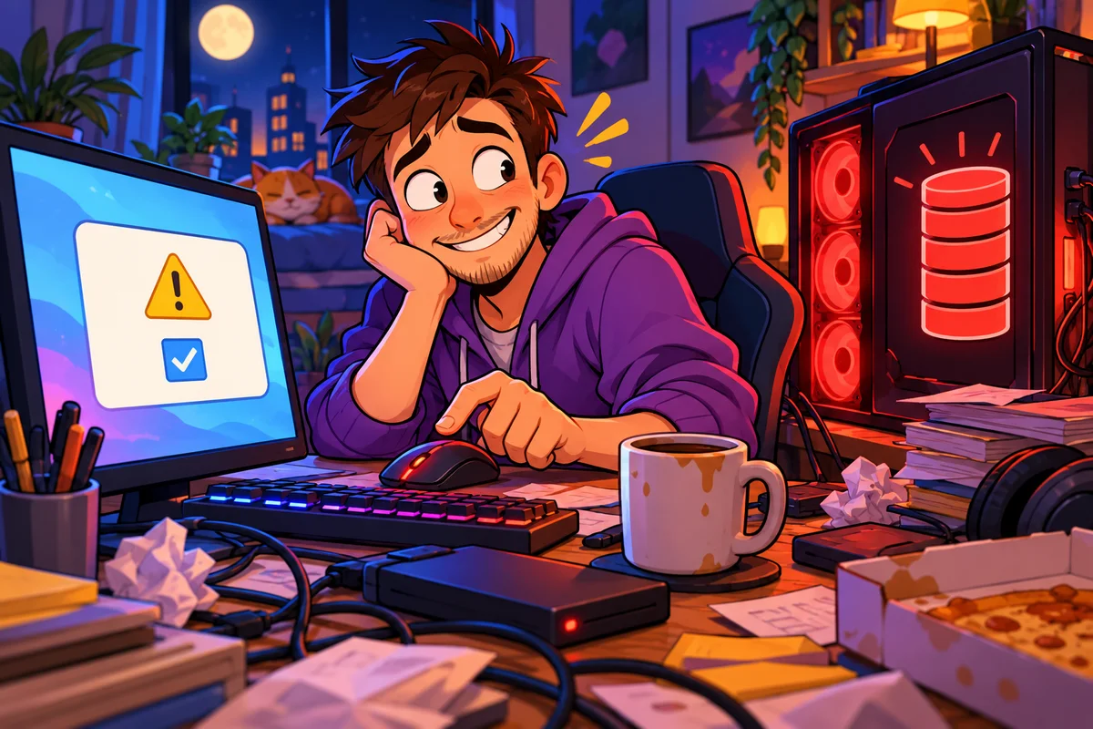 Dessin animé d'un développeur fatigué, assis devant un bureau encombré la nuit. Sur l'écran, une fenêtre d'avertissement avec une case cochée. Derrière lui, une tour PC rouge dont la jauge de stockage est pleine.
