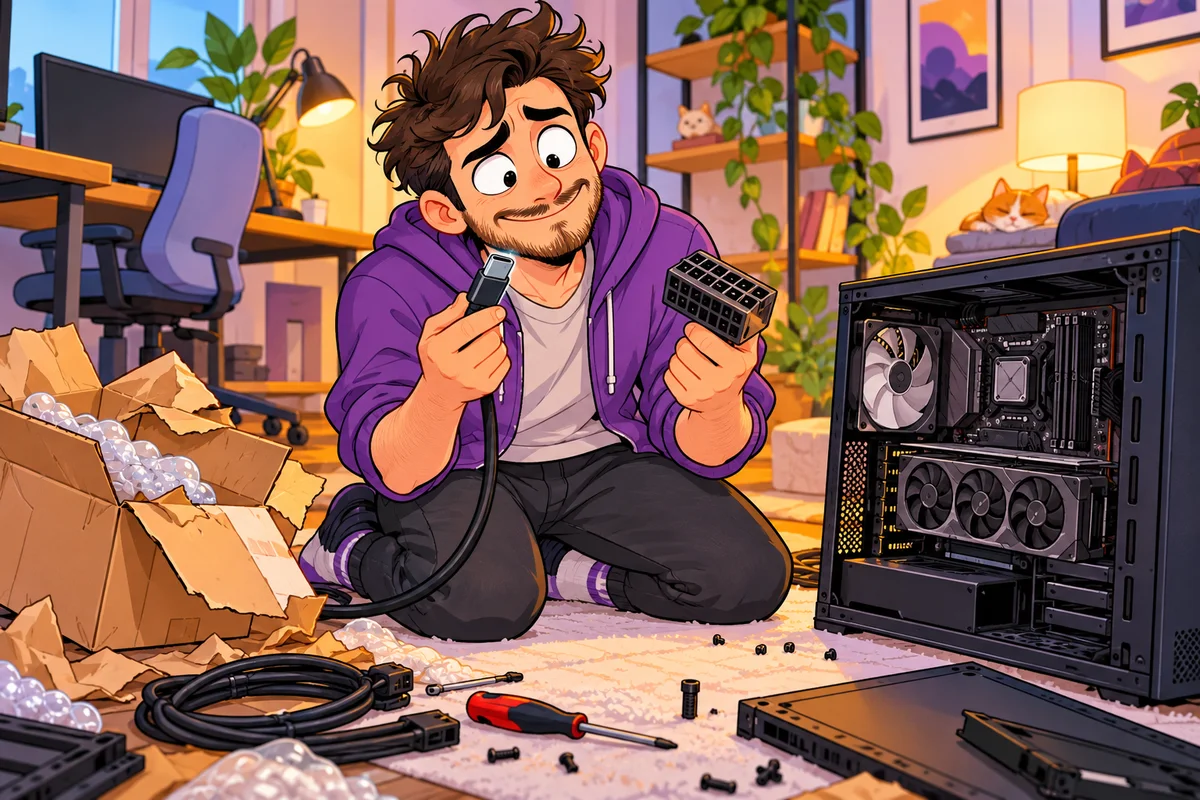 Dessin d'un geek agenouillé au milieu d'un montage inachevé, tenant un câble neuf qu'il ne peut pas brancher sur l'appareil.