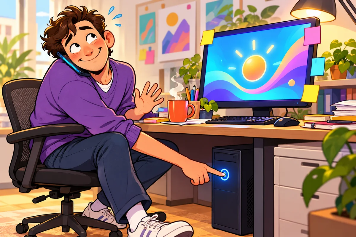 Un employé gêné, téléphone calé sur l'épaule, appuie discrètement sous le bureau sur le bouton d'allumage d'une tour de PC pendant que l'écran se rallume.