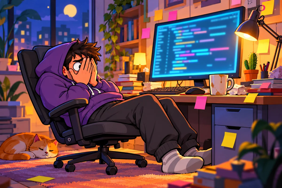 Illustration cartoon d'un développeur en sweat à capuche qui glisse lentement de sa chaise de bureau, le visage caché dans les mains, et regarde entre ses doigts un écran rempli de code. Sur le bureau : une tasse de café froid, des post-it et un petit cactus.