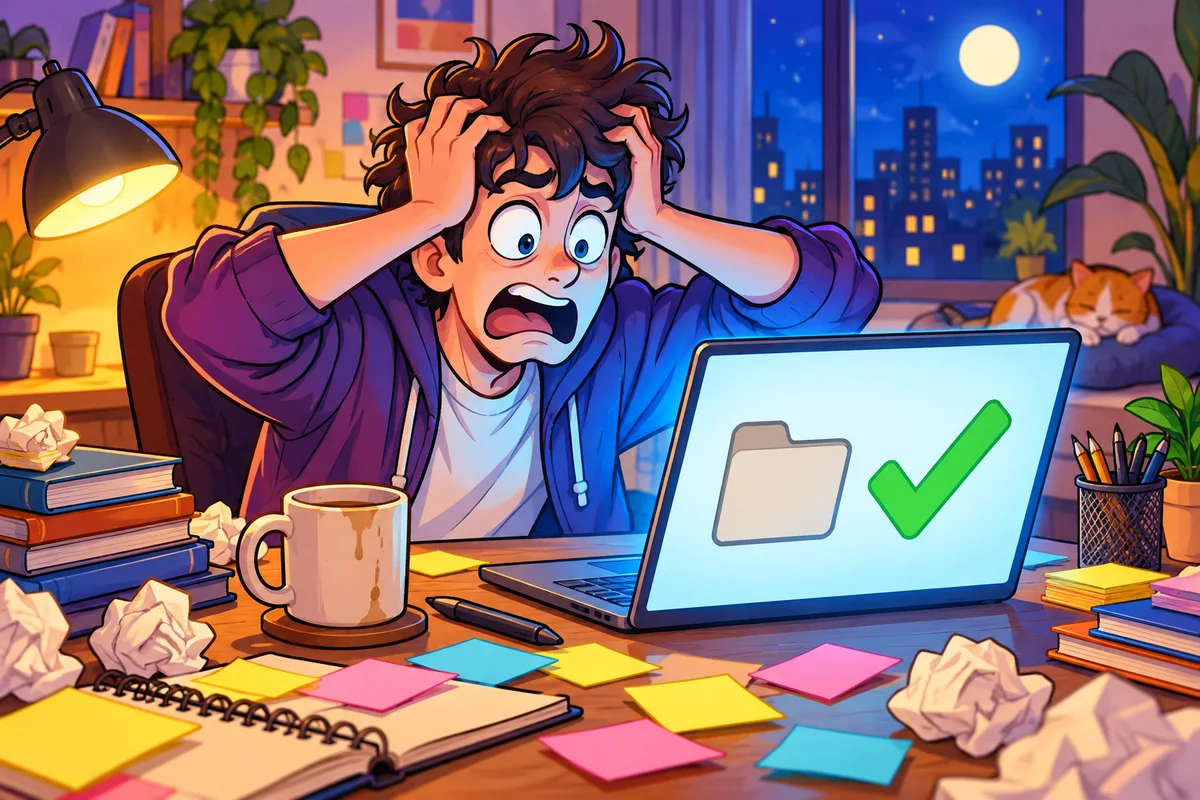 Dessin d'un développeur à son bureau, la nuit, les mains sur la tête et la bouche ouverte d'effroi, devant un ordinateur portable qui affiche une grande coche verte à côté d'un dossier vide.