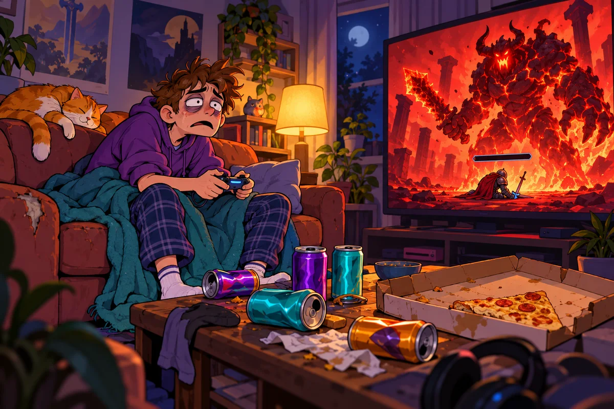 Dessin d'un joueur avachi sur un canapé, la nuit, manette en main et regard vide, devant une télévision où un immense boss enflammé domine un minuscule chevalier à la jauge de vie vide. Canettes vides et boîte de pizza froide sur la table basse.