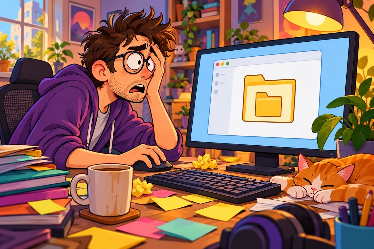 Dessin d'un geek assis à un bureau encombré, figé devant son écran qui affiche un dossier jaune rangé dans un autre dossier identique, une main glissant lentement sur son visage, à côté d'une tasse de café et de post-it.
